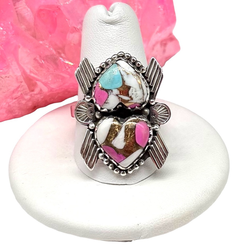 Cotton Candy Kingman Turquoise Heart Ring Solid 925 Sterling Silver Size 10
